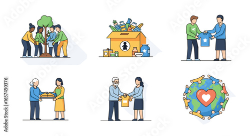 A Compilation of Charity and Community Support Illustrations. A variety of scenes highlight the acts of giving, planting trees, donating, and supporting environmental and humanitarian