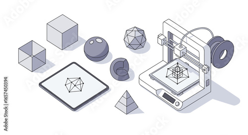 A Conceptual Illustration of 3D Printing Technology, Showcasing the Process of 3D Printing Various Geometrical Shapes and Objects, Representing the Capabilities and Potential of Additive