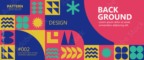 Bauhaus Colorful neo geometric poster, banner or cards seamless pattern collection. Abstract monochrome designs with simple geometry shapes. Modern abstract promotional template flayer background.