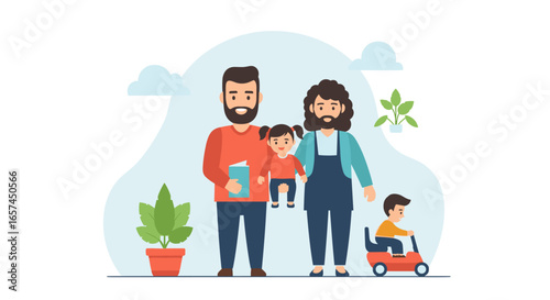 A Family Enjoying a Relaxing Day This charming illustration showcases a happy family, including parents and children, enjoying quality time together. The family is depicted in a cheerful