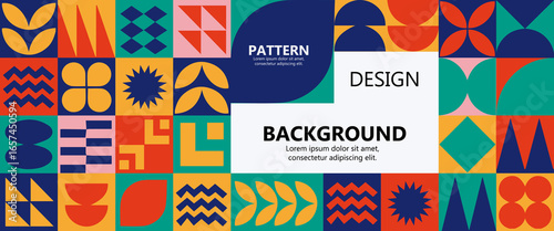 Bauhaus Colorful neo geometric poster, banner or cards seamless pattern collection. Abstract monochrome designs with simple geometry shapes. Modern abstract promotional template flayer background.