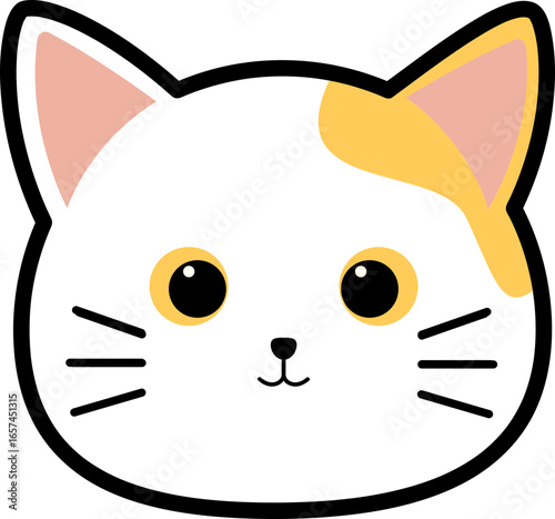 Cartoon depiction of a white cat's face with yellow markings, black outline, and simple, cute features.