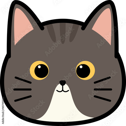 A cute, stylized illustration of a grey tabby cat's face with large, expressive yellow eyes and prominent whiskers.