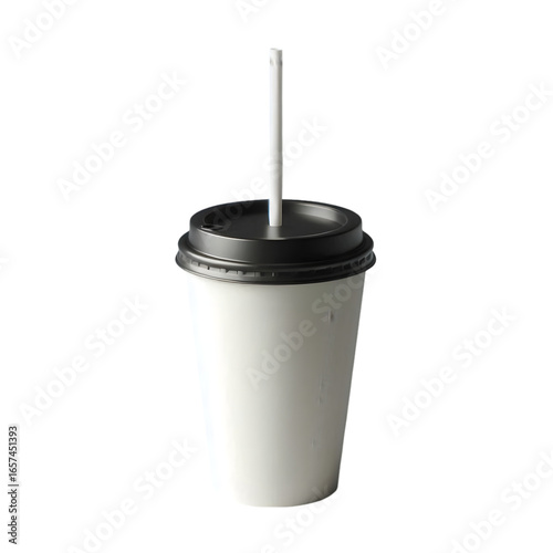 White paper cup with black lid and straw on black background