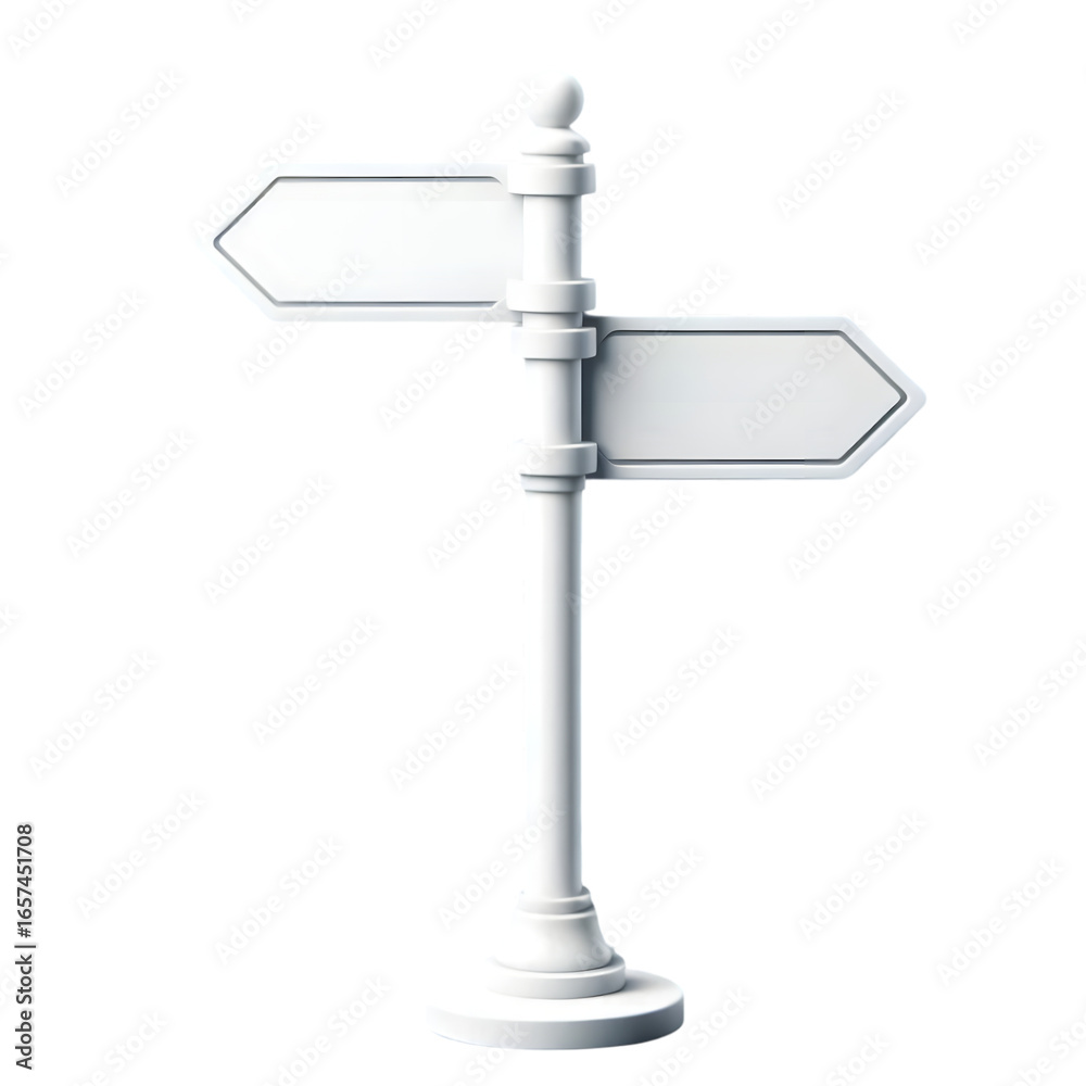 Obraz premium Blank white directional signpost with two arrows on black background