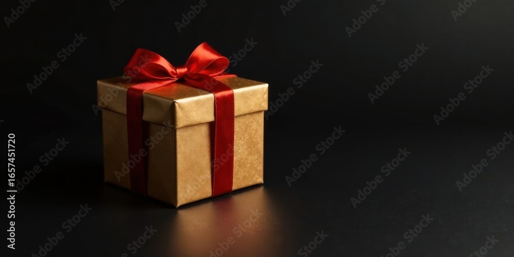 Fototapeta premium A Gold Gift Box with a Red Ribbon Bow on a Dark Background, Perfect for Celebrating Special Occasions and Showing Appreciation