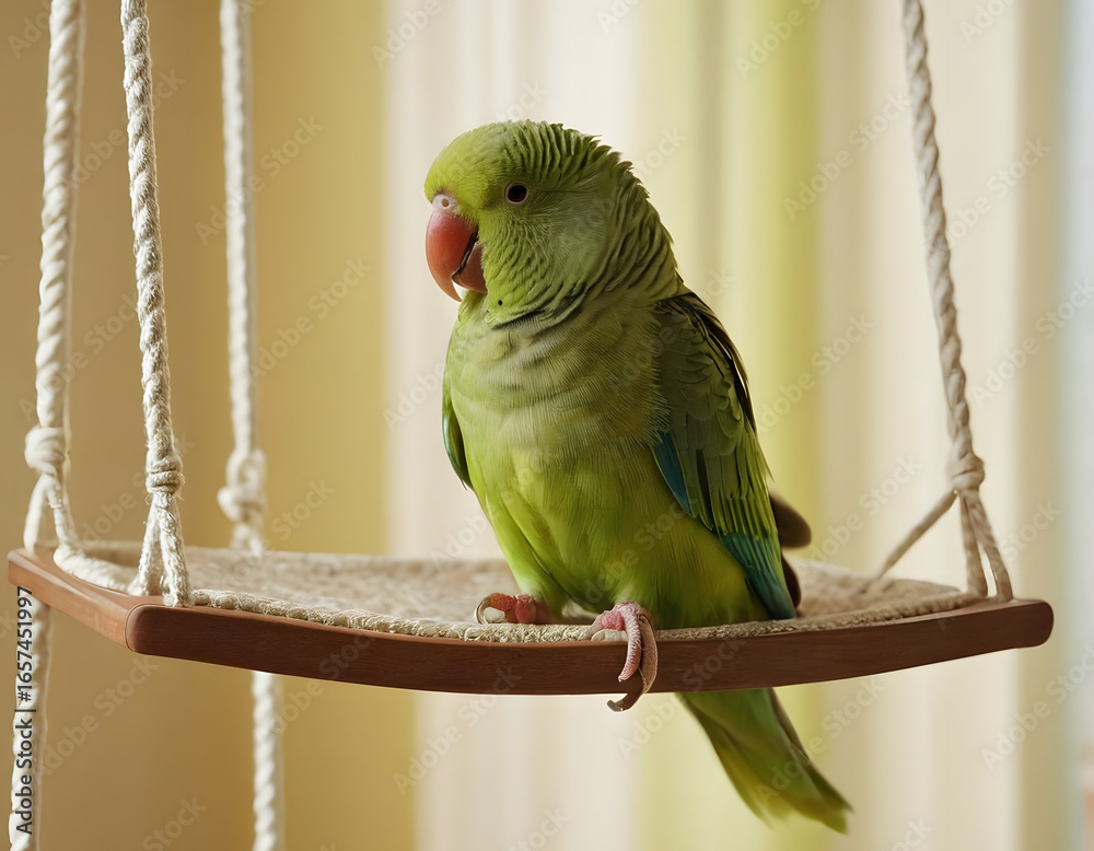 Obraz premium Close-up of a green parakeet on a swing in a sunny room. Concept of pet entertainment, care, good maintenance, and toys. A bird playground.