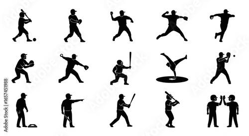 A collection of black silhouettes showing baseball players in various action poses like batting, pitching, and fielding.