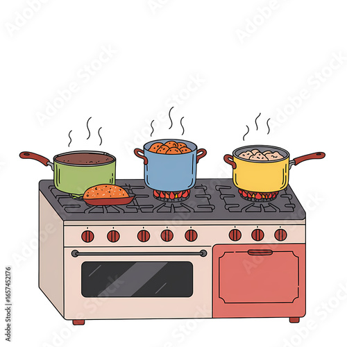 Colorful Cooking Pots on Stove with Steaming Food in Kitchen