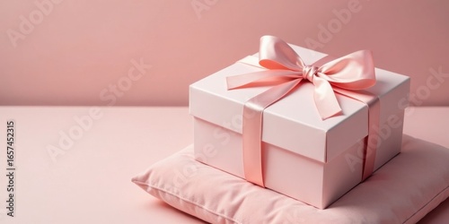 A delicately tied pink ribbon adorns a blush-colored gift box, resting gently on a soft pink cushion, creating a serene and elegant presentation.