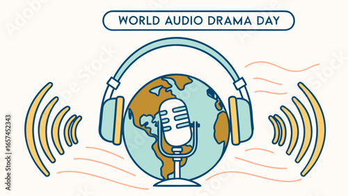 Flat Vector Illustration for World Audio Drama Day with Microphone, Headphones, Globe, and Sound Waves