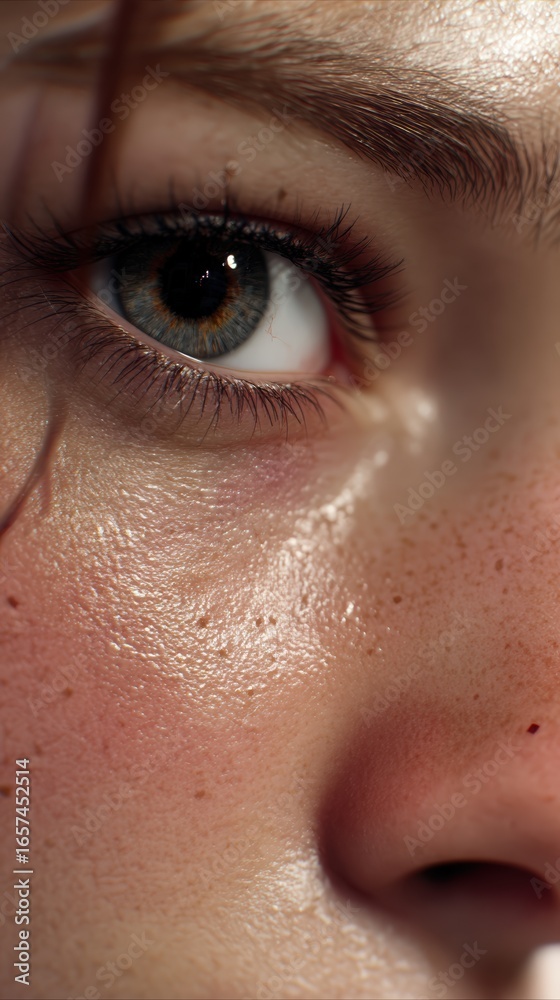 Fototapeta premium A vertical close-up on the face of a new employee, their eyes sparkling with excitement on their first day in a vibrant office.