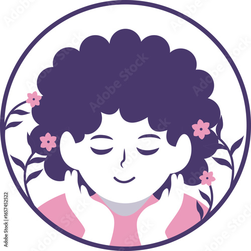 A serene illustration of a person with closed eyes and a gentle smile, framed by delicate floral branches within a circular border.