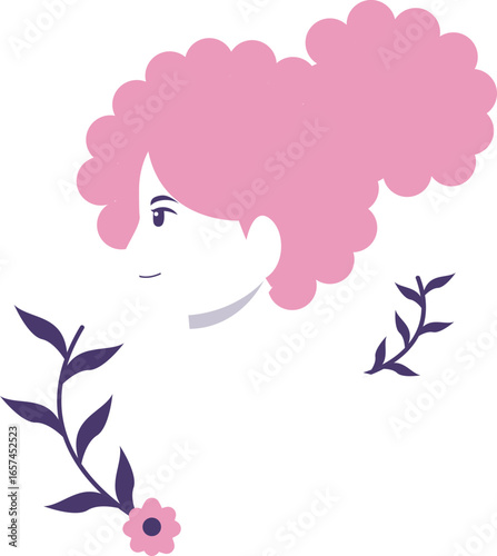 Stylized illustration of a woman's profile with voluminous pink curly hair, adorned with purple floral elements and a small flower.