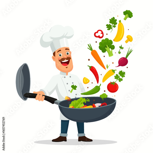 Happy Chef Tossing Vegetables in Wok - Delicious and Healthy Cooking