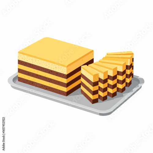 Layered sponge cake, delicious dessert, served on a tray, ready to eat.