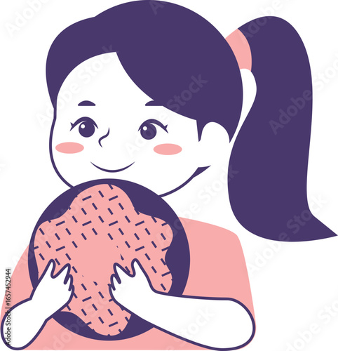 Happy girl lovingly embraces a large, patterned cookie.