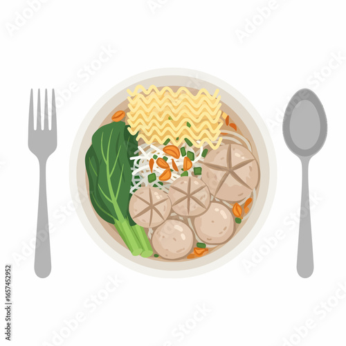 An overhead illustration of Indonesian bakso, a meatball noodle soup with vegetables, served with a fork and spoon.