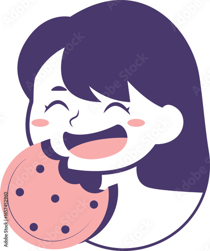 Cartoon illustration of a happy girl with purple hair eating a large pink cookie.