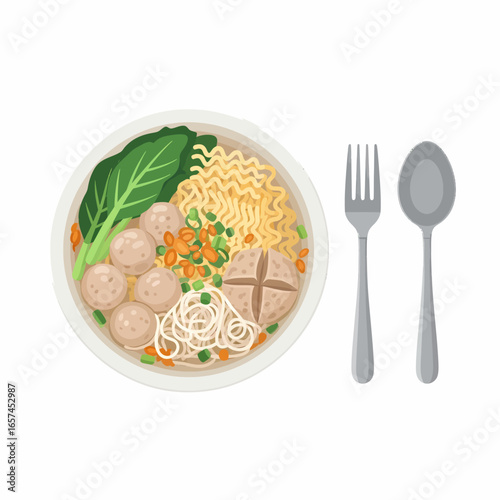 A top-down vector illustration of a bowl of Indonesian Bakso, a meatball noodle soup with vegetables, served with a fork and spoon.