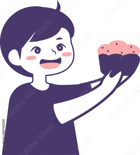 A happy child joyfully holds up a frosted cupcake, smiling with delight at the treat.