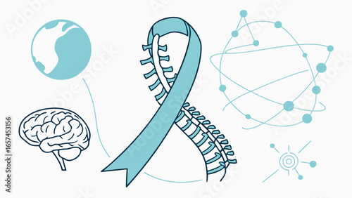Flat Vector Illustration for World Spina Bifida and Hydrocephalus Day with Spine, Awareness Ribbon, Brain, and Globe