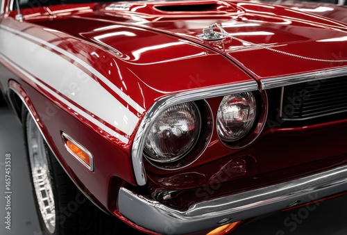 Close-up of a classic vintage red muscle car with dual round headlights and sleek body lines