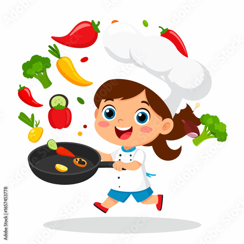Joyful little chef girl embracing the concept of healthy cooking and a vibrant food lifestyle, surrounded by fresh vegetables and culinary adventure.
