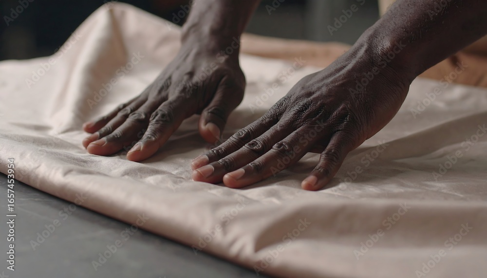 Fototapeta premium Artisan smoothing silk fabric on workshop table, carefully preparing material for tailoring with precision and care, showcasing craftsmanship.