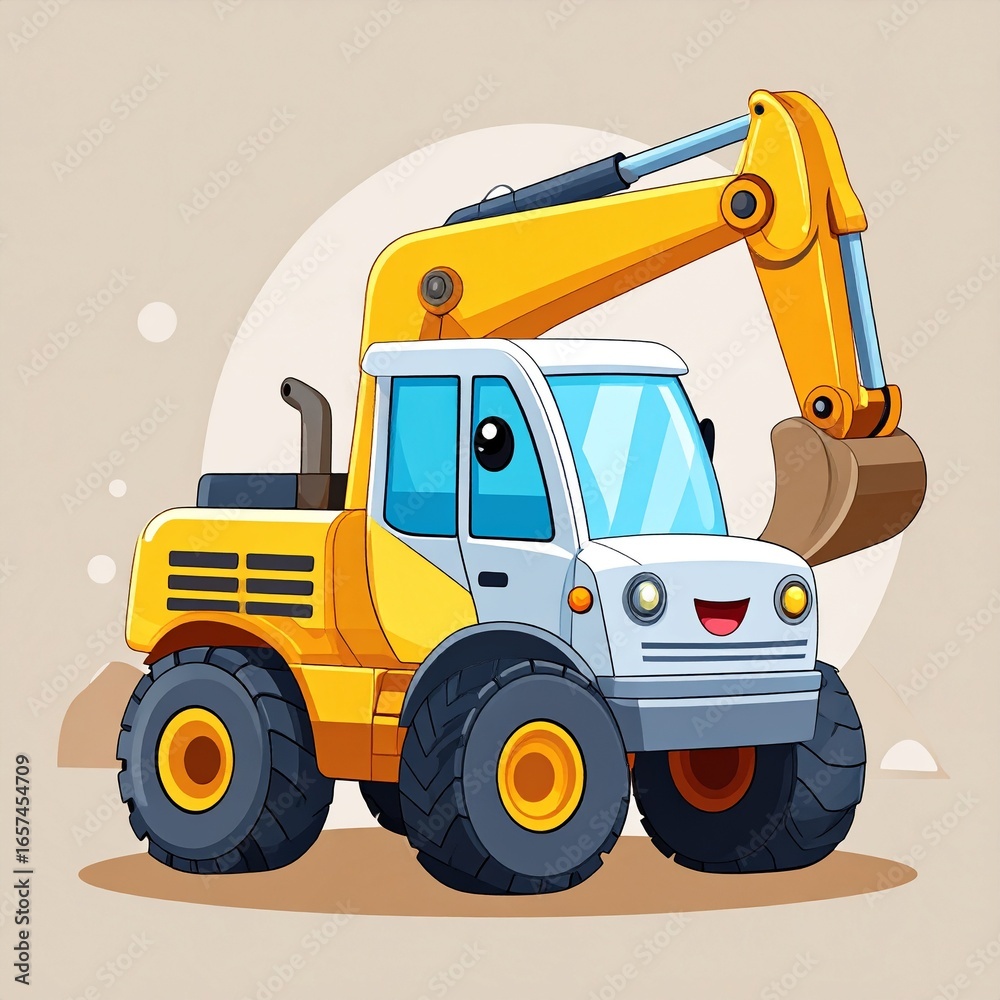 Fototapeta premium A cartoon excavator, rendered in vivid yellow and white, showcases playful charm.