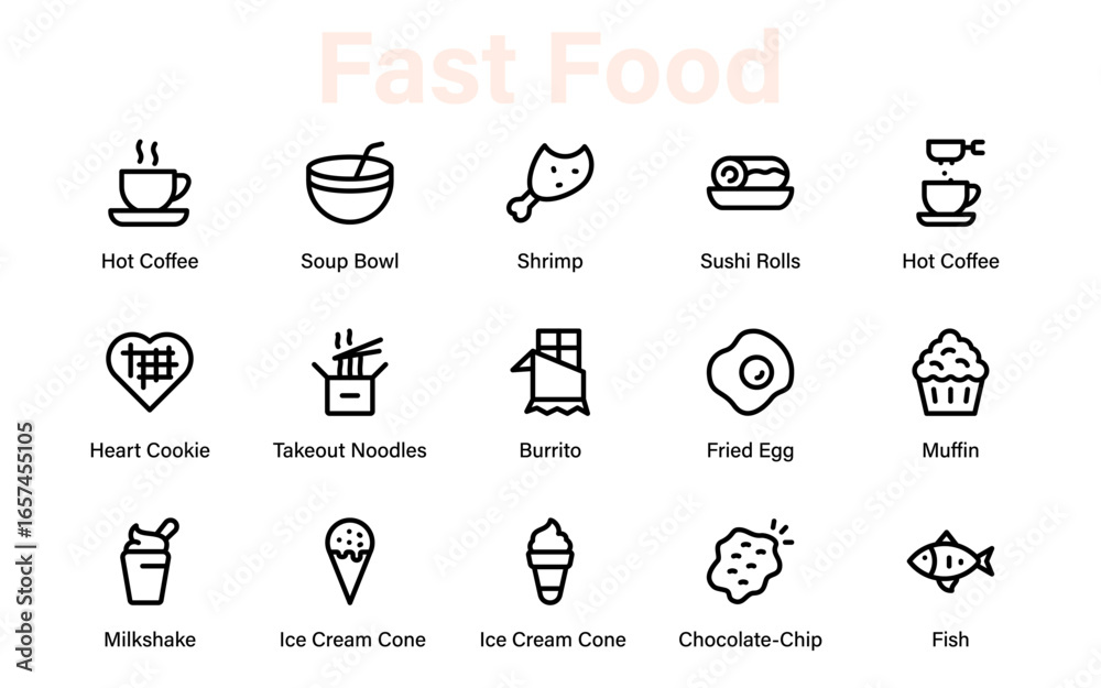 Fototapeta premium Fast Food icon collection. Containing meal, restaurant, dishes, and fruit icons. Set of vector icons related to food and drink. Linear icon collection, such as drink water, apple leaf, and pack.