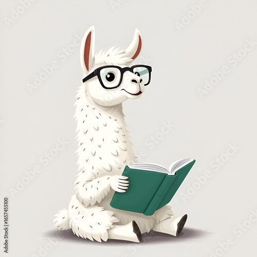 A charming llama in glasses sits upright, absorbed in a book