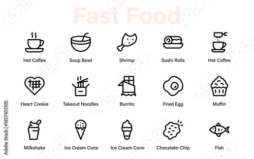 Fast Food icon collection. Containing meal, restaurant, dishes, and fruit icons. Set of vector icons related to food and drink. Linear icon collection, such as drink water, apple leaf, and pack.