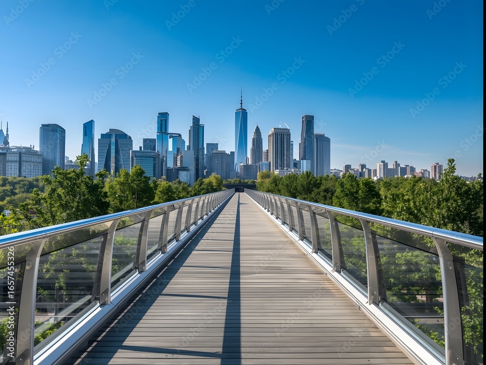 Fototapeta premium Modern pedestrian bridge leading towards the skyline of a big city with tall skyscrapers, surrounded by lush green trees under a clear blue sky on a sunny day