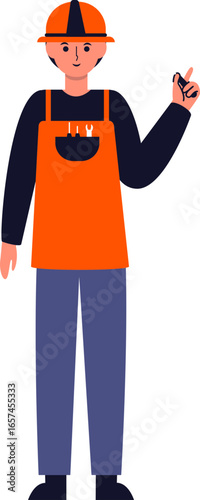 A construction worker in orange overalls points upwards, indicating something important.