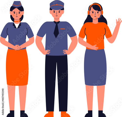Three uniformed professionals, an air hostess, a pilot, and a customer service representative, standing in a row, ready to assist.