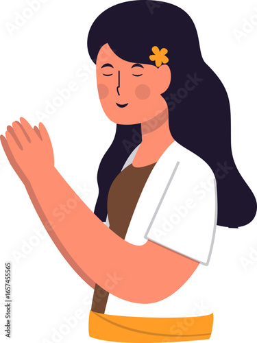A serene young woman with long dark hair, hands open in a gentle gesture,  a small flower adorning her head.