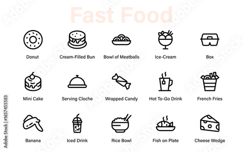 Fast Food icon collection. Containing meal, restaurant, dishes, and fruit icons. Set of linear icons related to food and drink. Linear icon collection, including drink water, apple leaf, and pack.