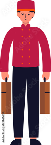 Cartoon illustration of a bellhop carrying two brown suitcases in a red uniform and hat.