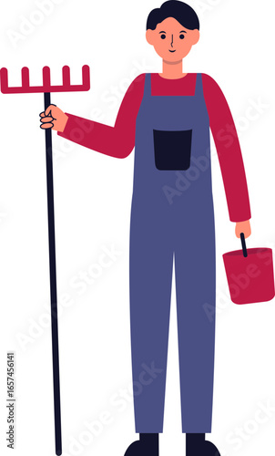 A person in blue overalls and a red shirt holds a rake and a bucket, ready for outdoor work.