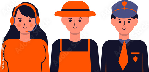 Three people representing different professions: customer service, farmer, and police officer.