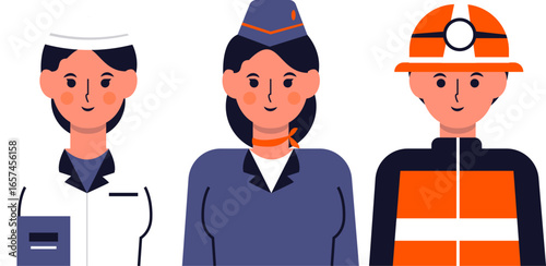 Three female professionals in uniform: a doctor, flight attendant, and firefighter.
