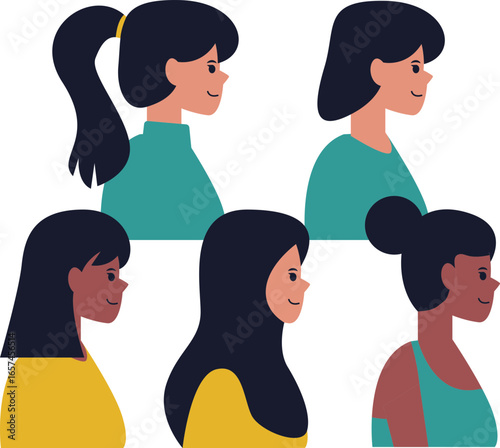A collection of diverse female profile illustrations showcasing various hairstyles, skin tones, and subtle smiles, representing different women.