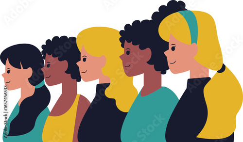 A diverse group of five women stand in a row, depicted in a flat, illustrative style, facing right with various hairstyles and skin tones.