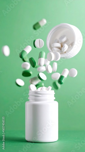 White pill bottle with green and white pills in mid-air