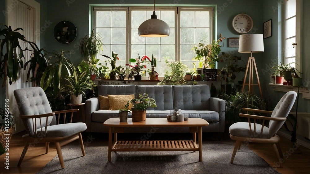 Fototapeta premium Cozy living room filled with plants and natural light from a large window