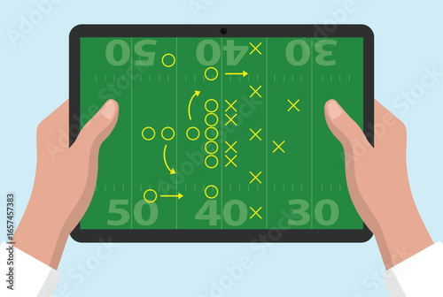 Hand holding and touch screen tablet for American football tactics illustration	