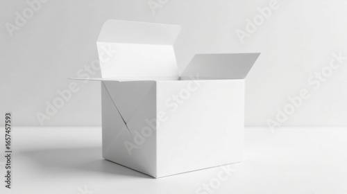 A partially opened blank white cardboard box rests on a plain white surface, showcasing its simple yet elegant design and pristine condition