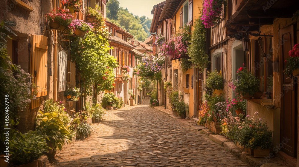 Fototapeta premium Alley European Narrow Historic Village Sun-Kissed