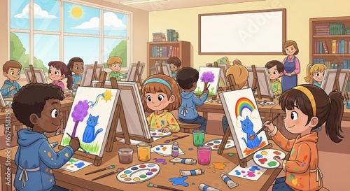 Diverse group of smiling children enthusiastically painting colorful artwork at easels in a bright art class.